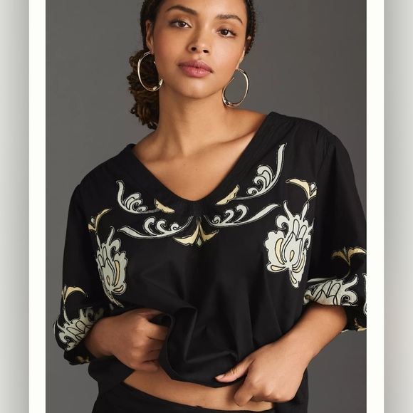 Anthropologie Tops - By Anthropologie Puff-Sleeve Blouse embroidered women’s size XS